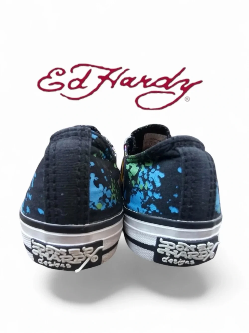 Ed Hardy Distressed Skull Dagger Laceless Low-Top Canvas Sneakers - Size 9